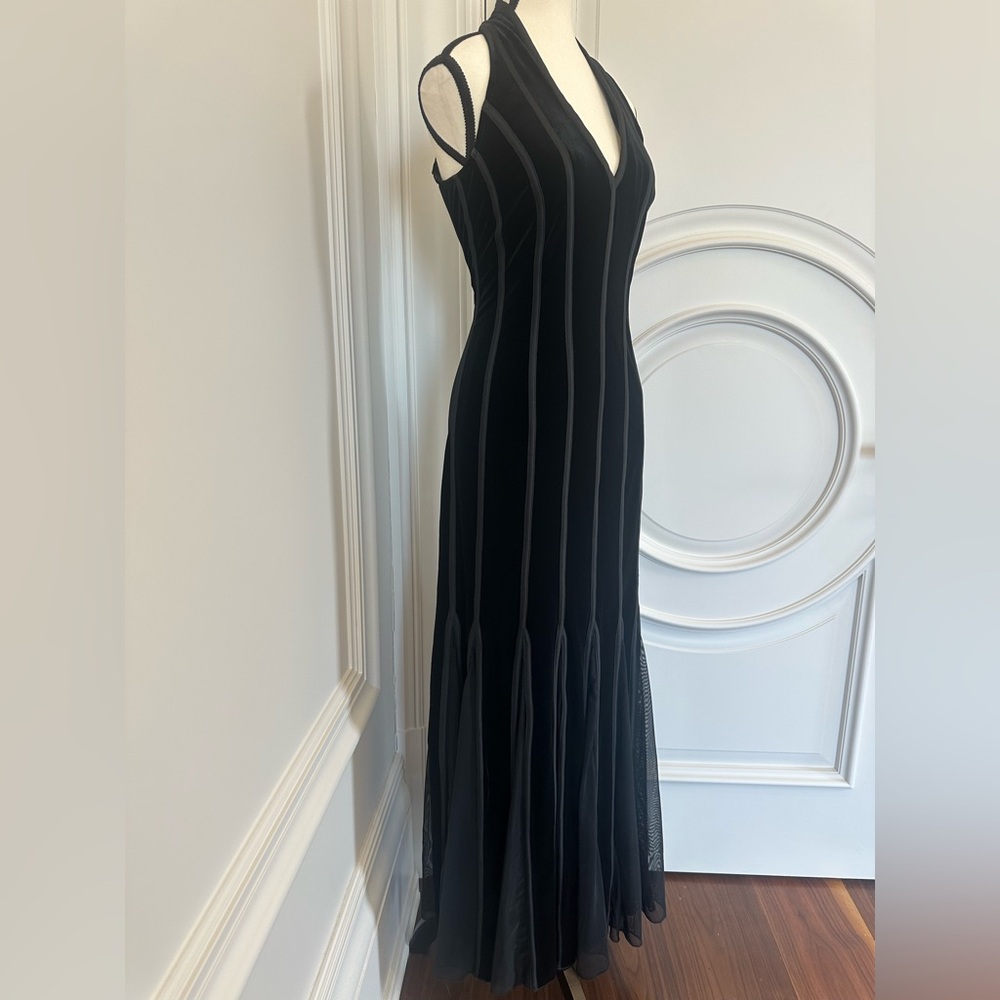 Vintage Velvet Mesh Bandage V Neck Sleeveless Flared Bodycon Maxi Dress- Size 10 - Picture 2 of 12